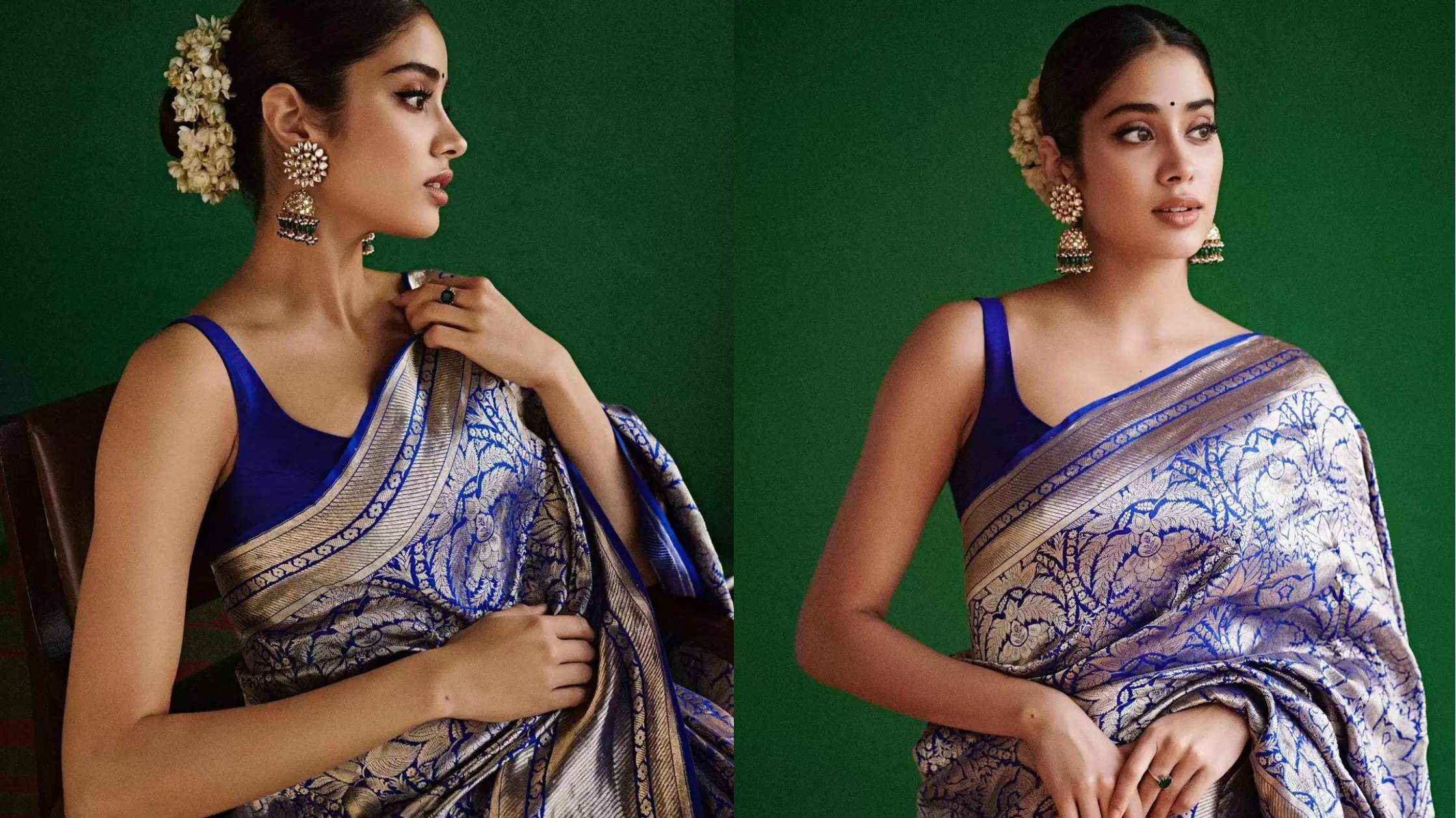 Janhvi Kapoor Wears Blue Banarasi Silk Saree For “Mili” Promotions!