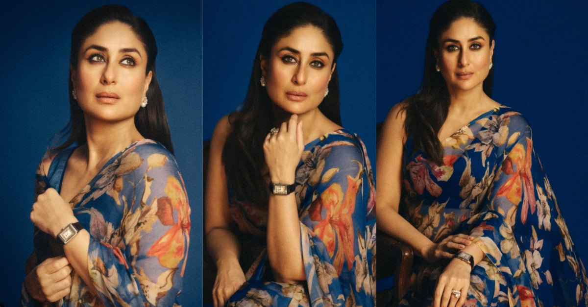 Kareena Kapoor Stuns in a Blue and Orange Floral Print Saree at the WAVES Summit - Sacred Weaves