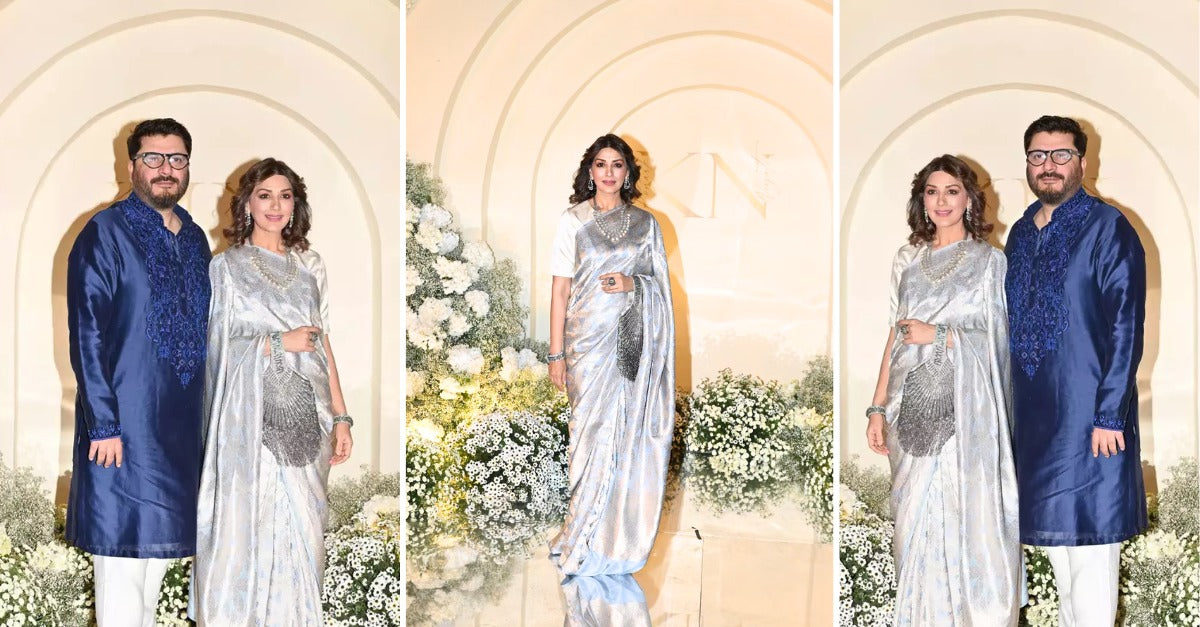 Sonali Bendre Looks Dazzling in a Silver-blue Silk Tissue Brocade Banarasi Saree