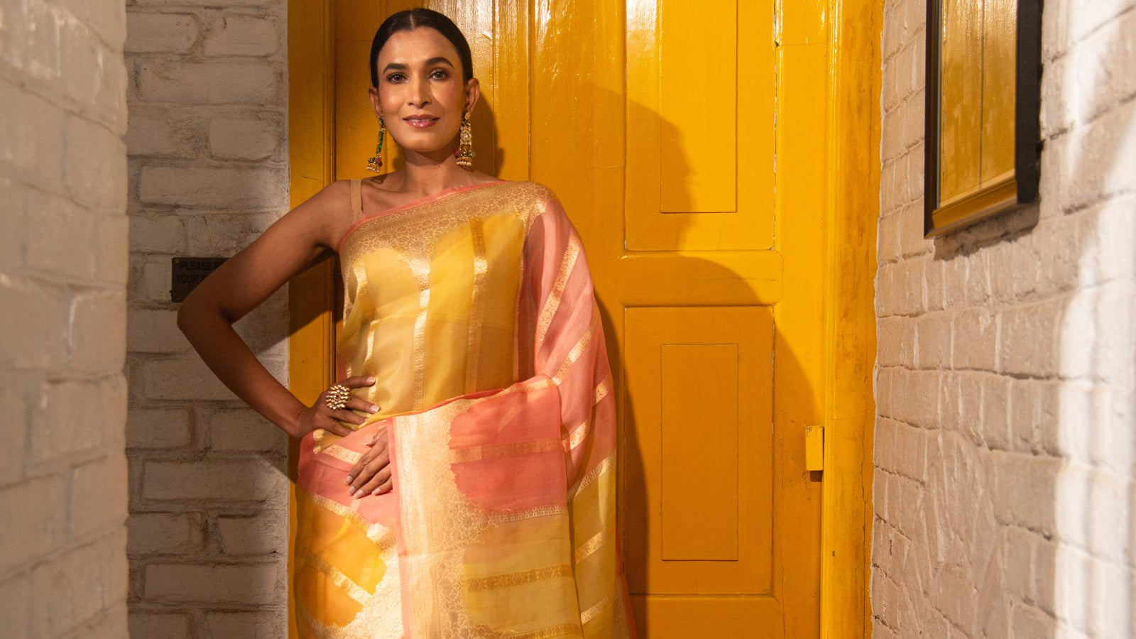 Yellow Pink Banarasi Saree