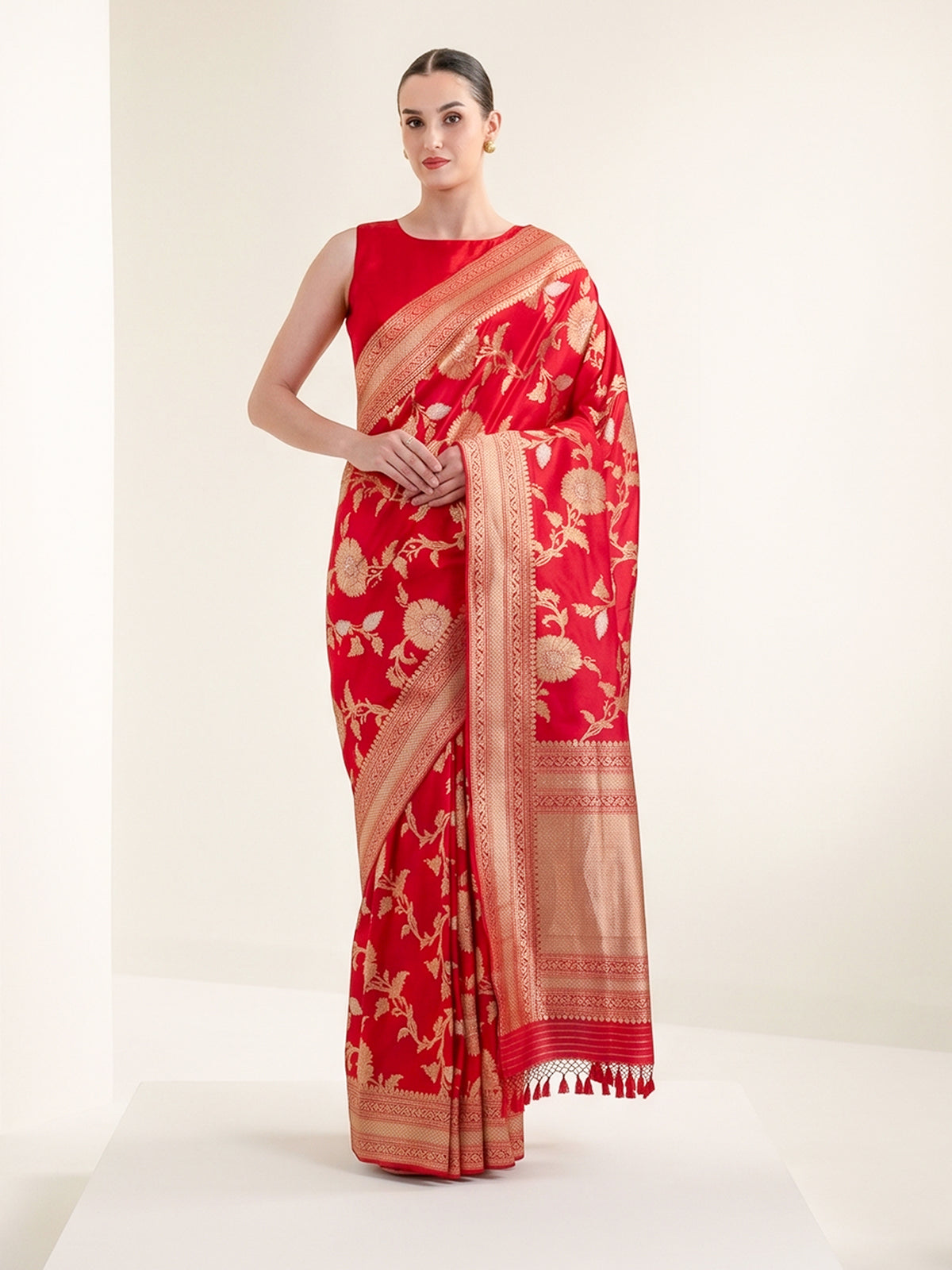 Red Jaal Katan Silk Handloom Banarasi Saree - Sacred Weaves
