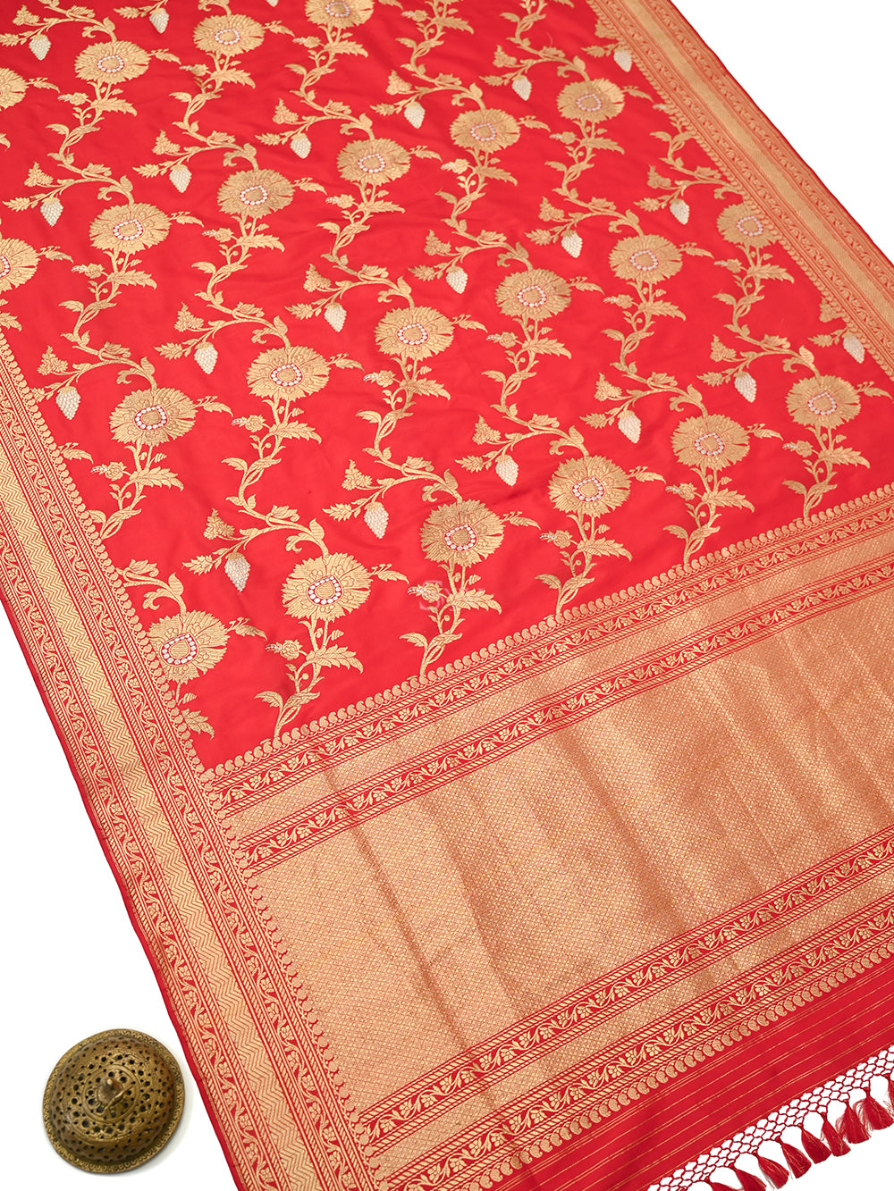 Red Jaal Katan Silk Handloom Banarasi Saree - Sacred Weaves