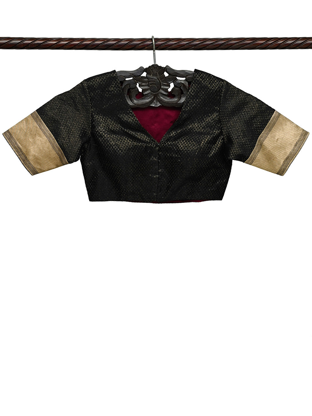 Black Satin Tissue Silk Banarasi Ready-Made Blouse - Sacred Weaves