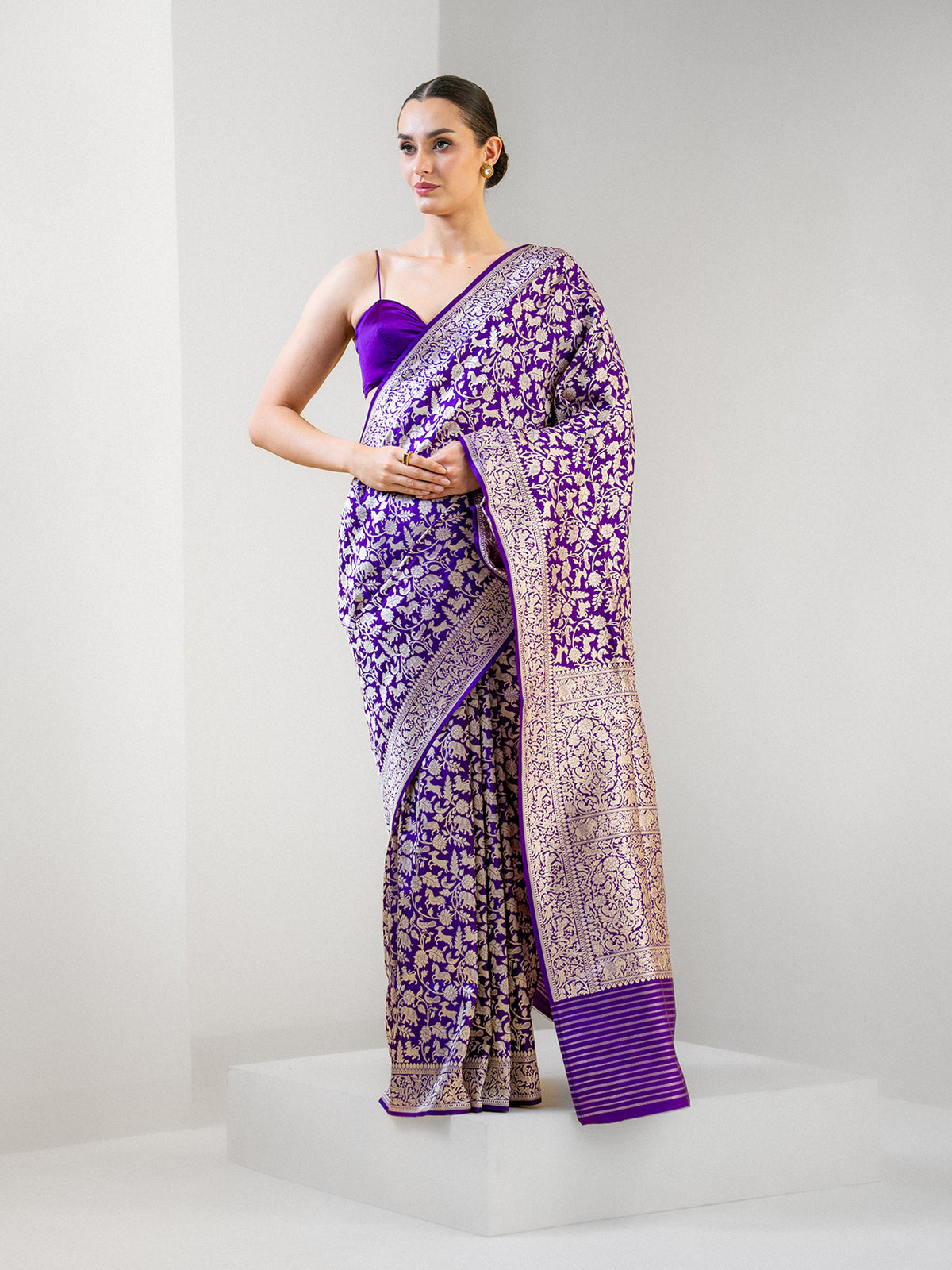 Purple Shikargah Brocade Katan Silk Handloom Banarasi Saree - Sacred Weaves