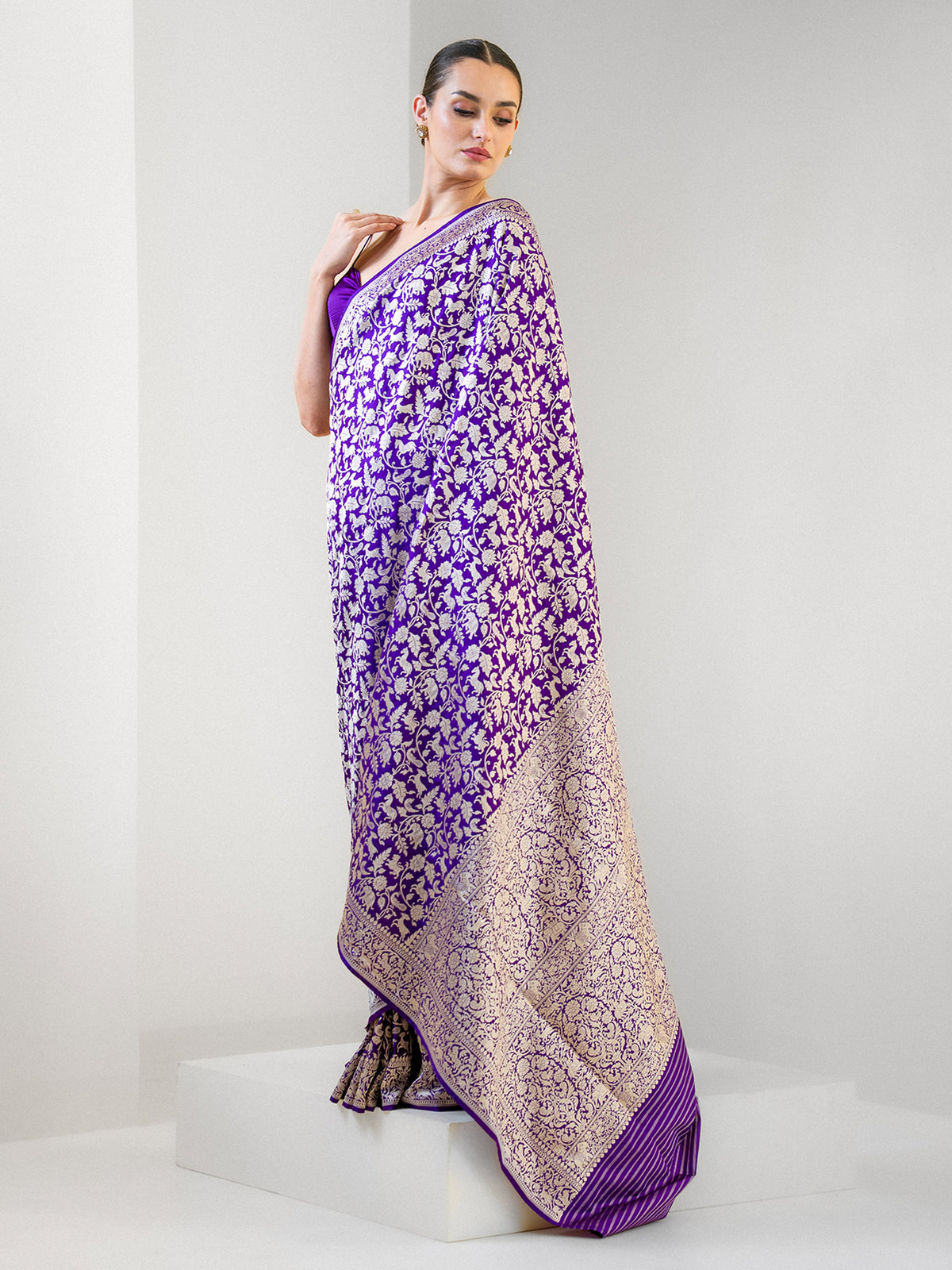 Purple Shikargah Brocade Katan Silk Handloom Banarasi Saree - Sacred Weaves