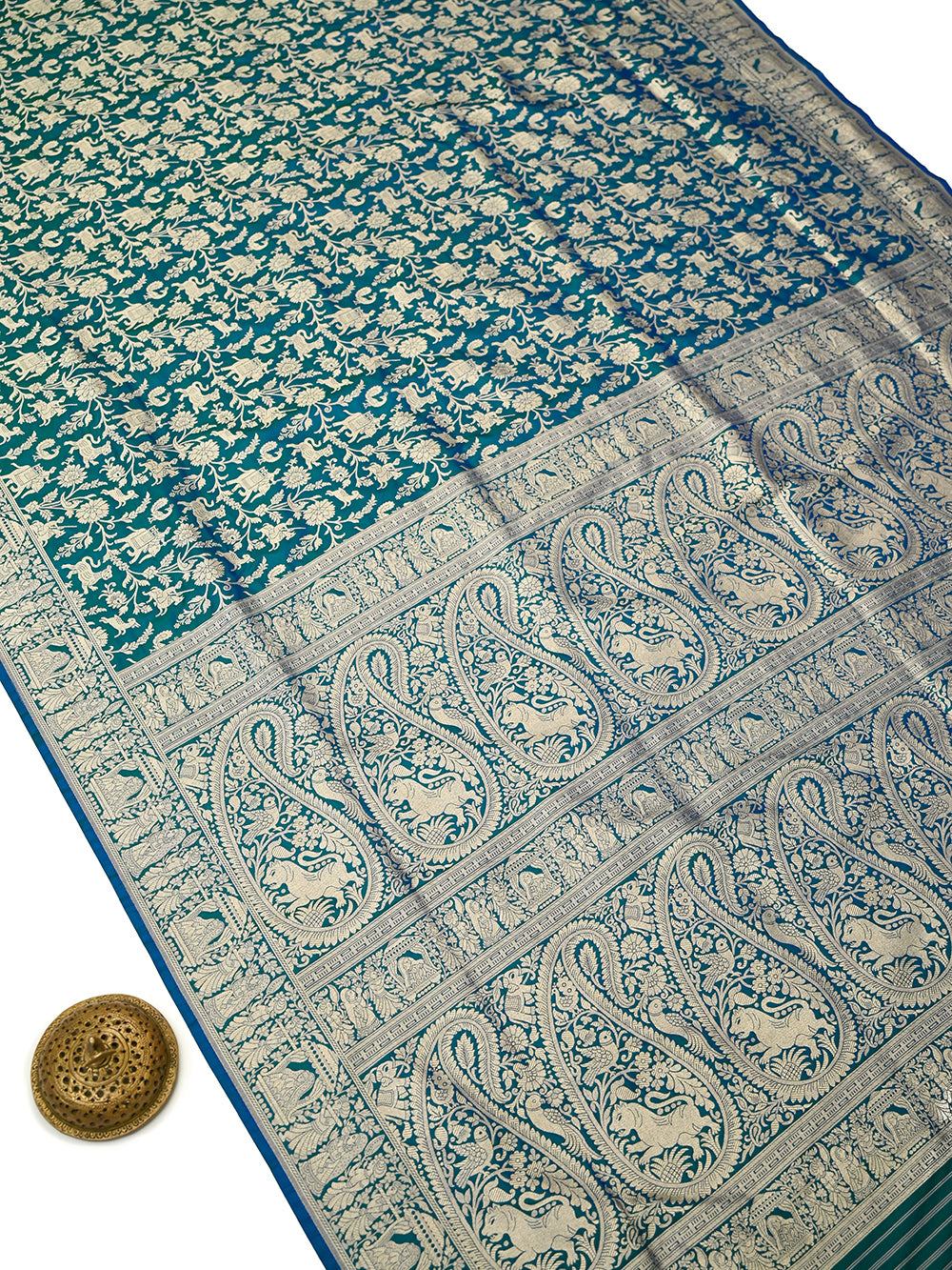 Teal Green Shikargah Katan Silk Handloom Banarasi Saree - Sacred Weaves