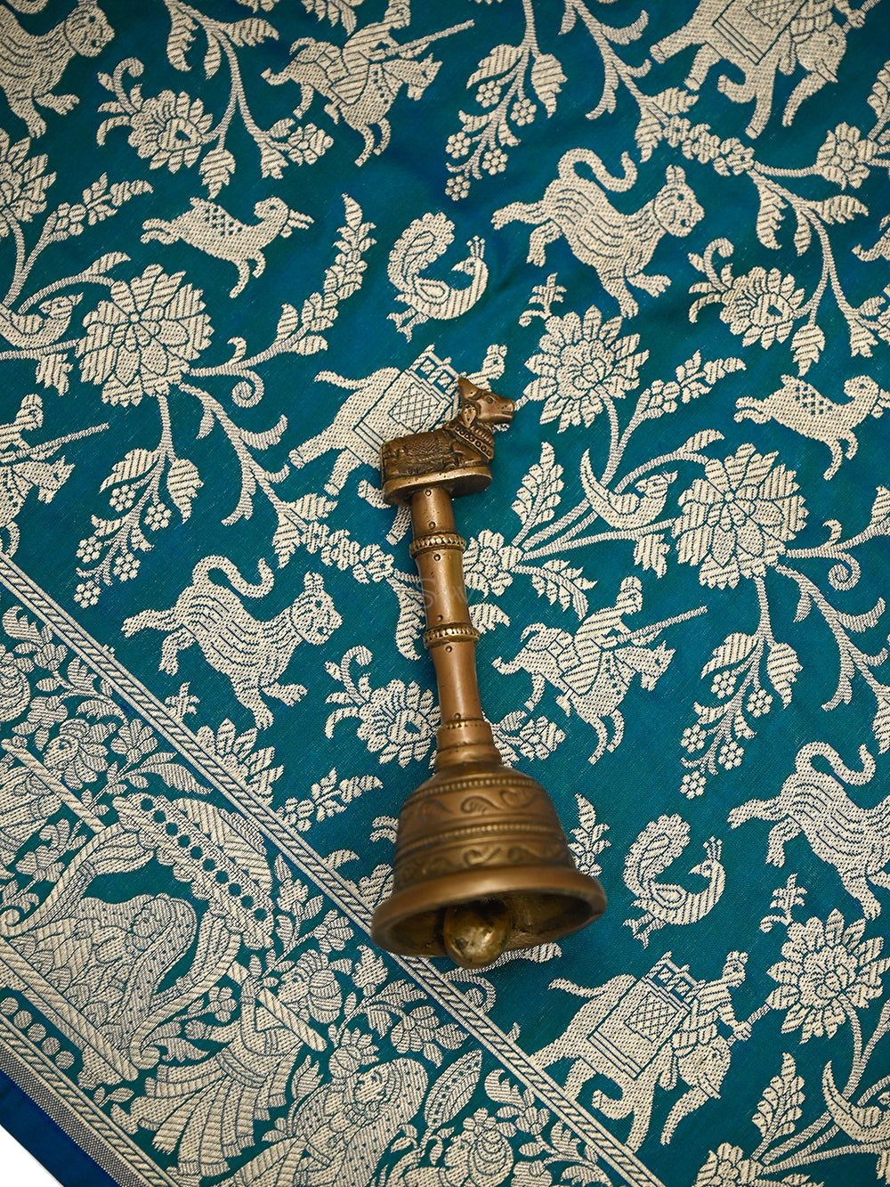 Teal Green Shikargah Katan Silk Handloom Banarasi Saree - Sacred Weaves