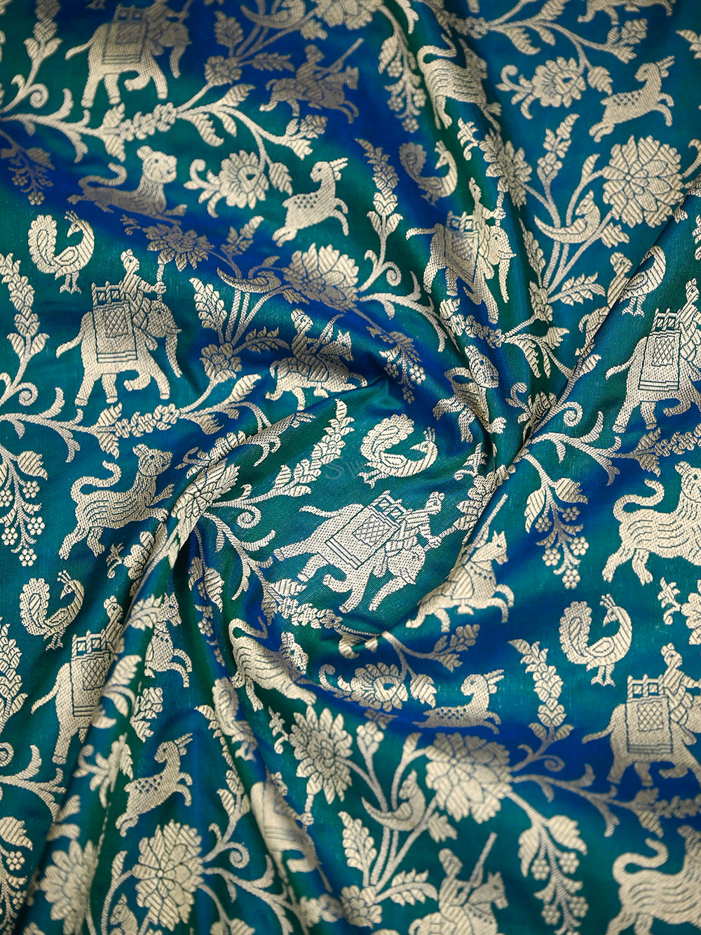 Teal Green Shikargah Katan Silk Handloom Banarasi Saree - Sacred Weaves