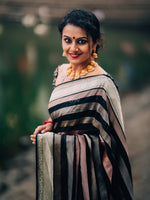Black Stripe Khaddi Georgette Handloom Banarasi Saree - Sacred Weaves