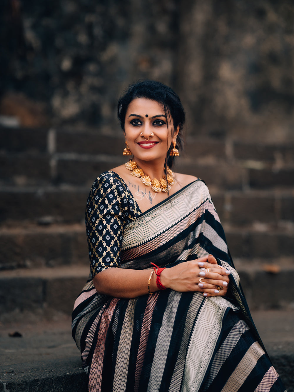 Black Stripe Khaddi Georgette Handloom Banarasi Saree - Sacred Weaves