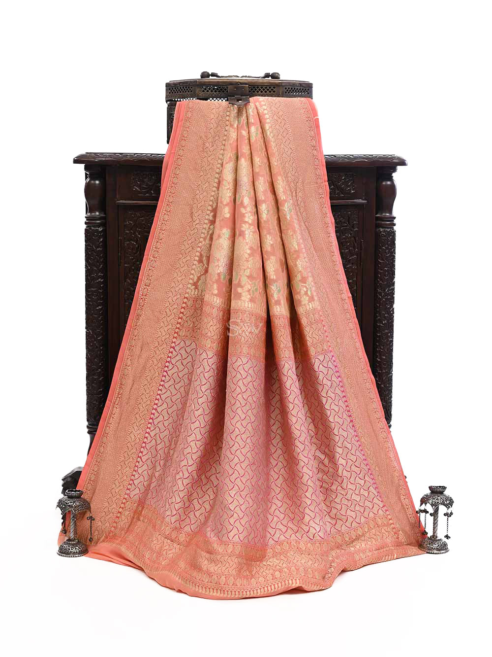 Peach Rangkat Georgette Handloom Banarasi Saree - Sacred Weaves