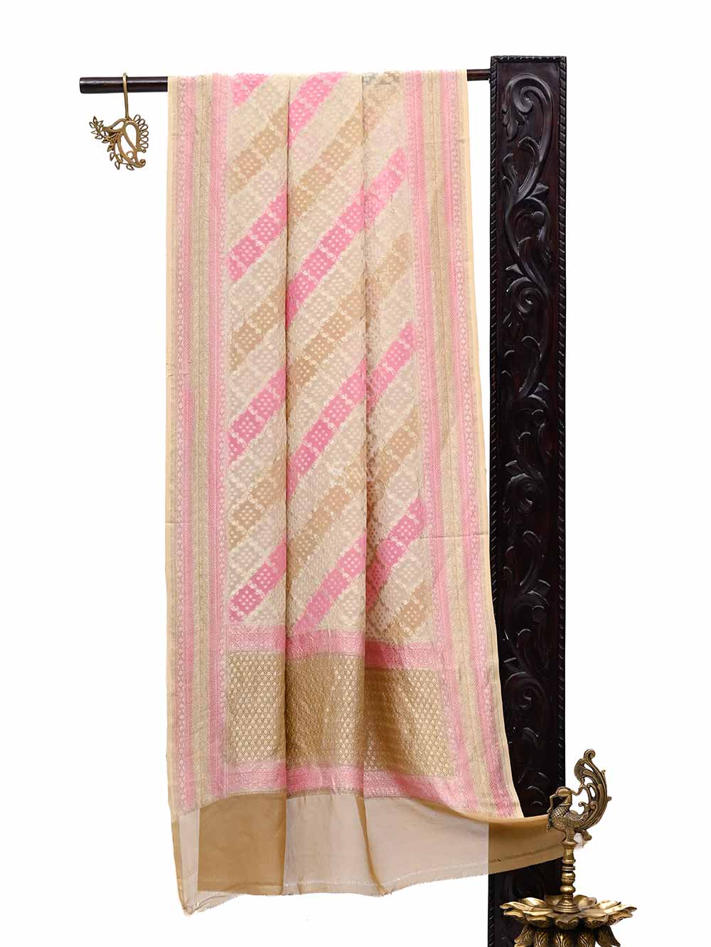 Beige Pink Jaal Khaddi Georgette Handloom Banarasi Dupatta - Sacred Weaves