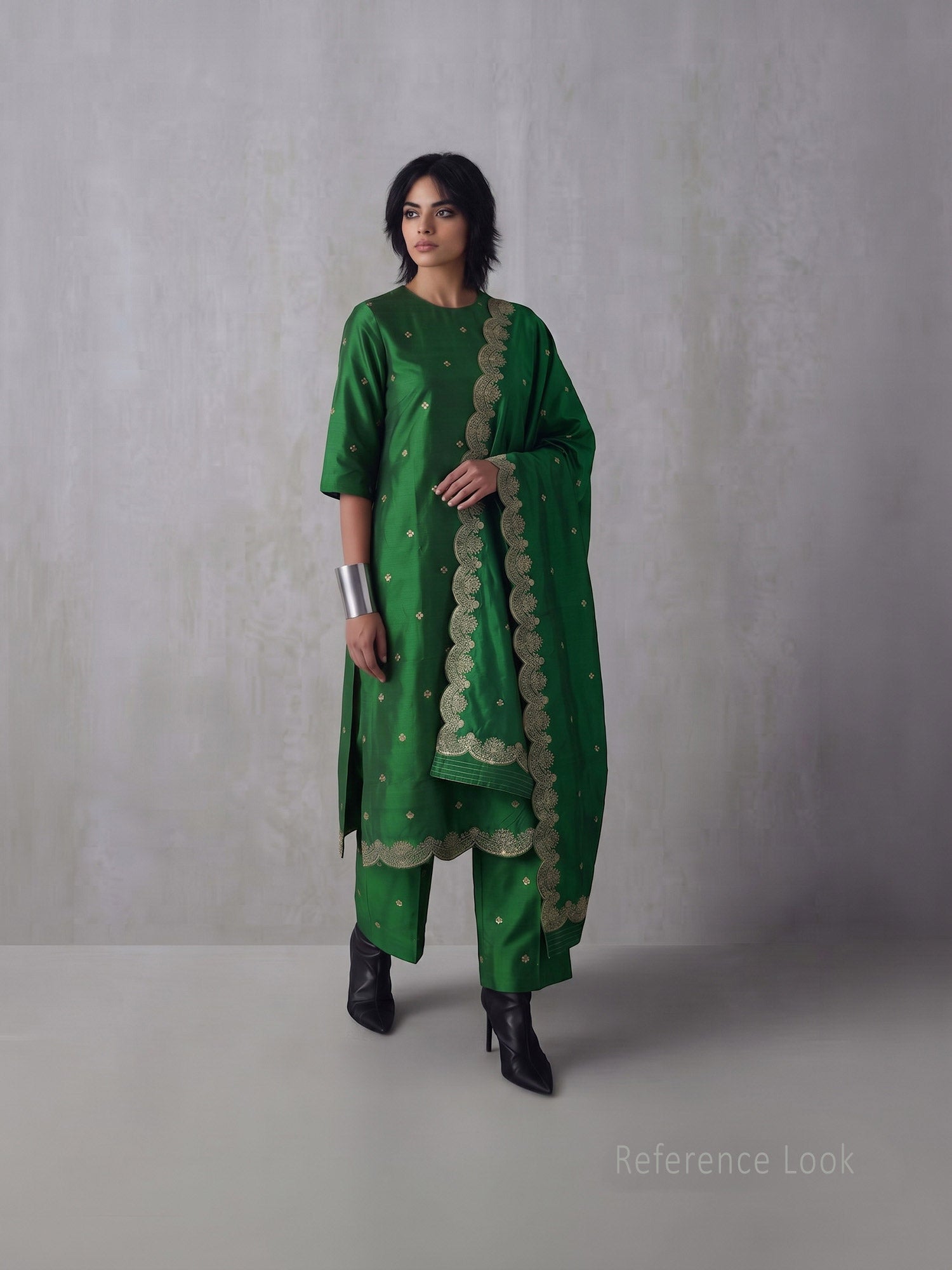 Bottle Green Meenakari Booti Katan Silk Handloom Banarasi Suit - Sacred Weaves