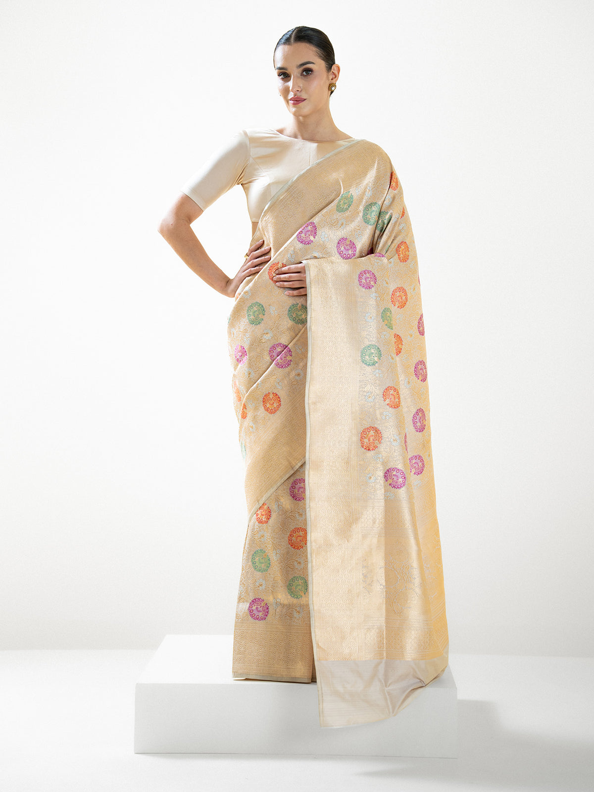 Beige Meenakari Brocade Handloom Banarasi Saree - Sacred Weaves