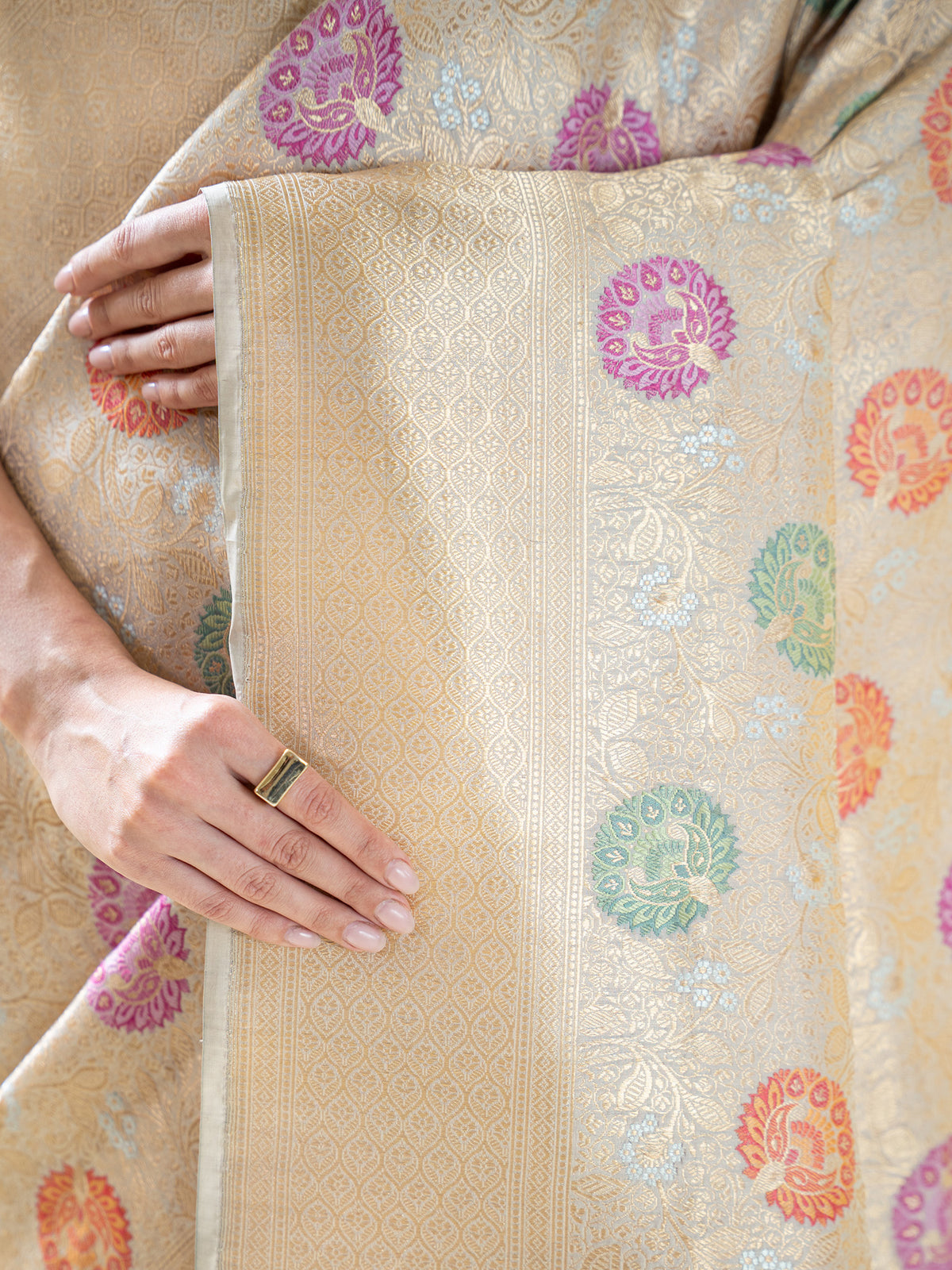 Beige Meenakari Brocade Handloom Banarasi Saree - Sacred Weaves