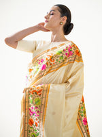 Cream Booti Paithani Katan Silk Handloom Banarasi Saree - Sacred Weaves