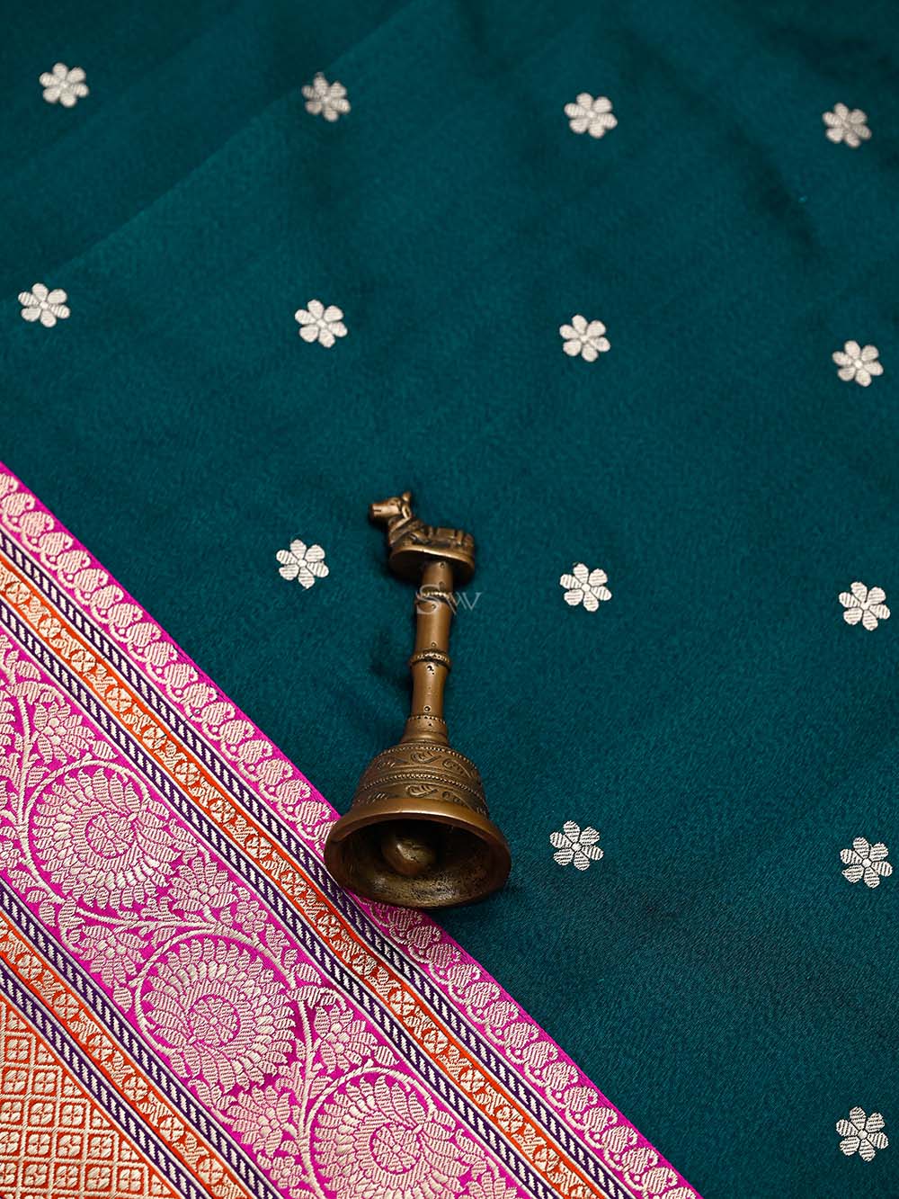 Teal Green Booti Konia Tussar Silk Handloom Banarasi Saree - Sacred Weaves