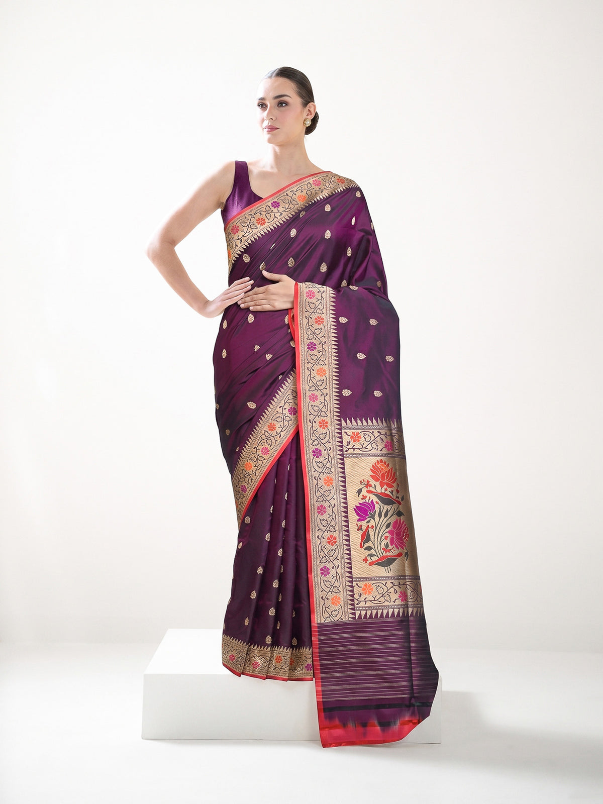 Wine Paithani Katan Silk Handloom Banarasi Saree