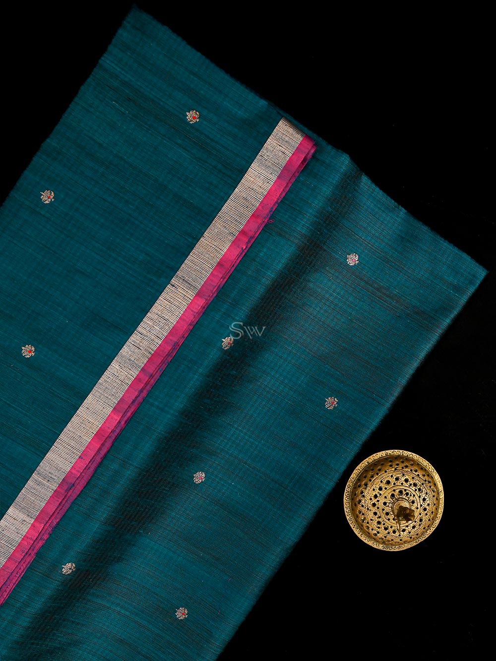 Peacock Blue Booti Dupion Silk Handloom Banarasi Saree - Sacred Weaves