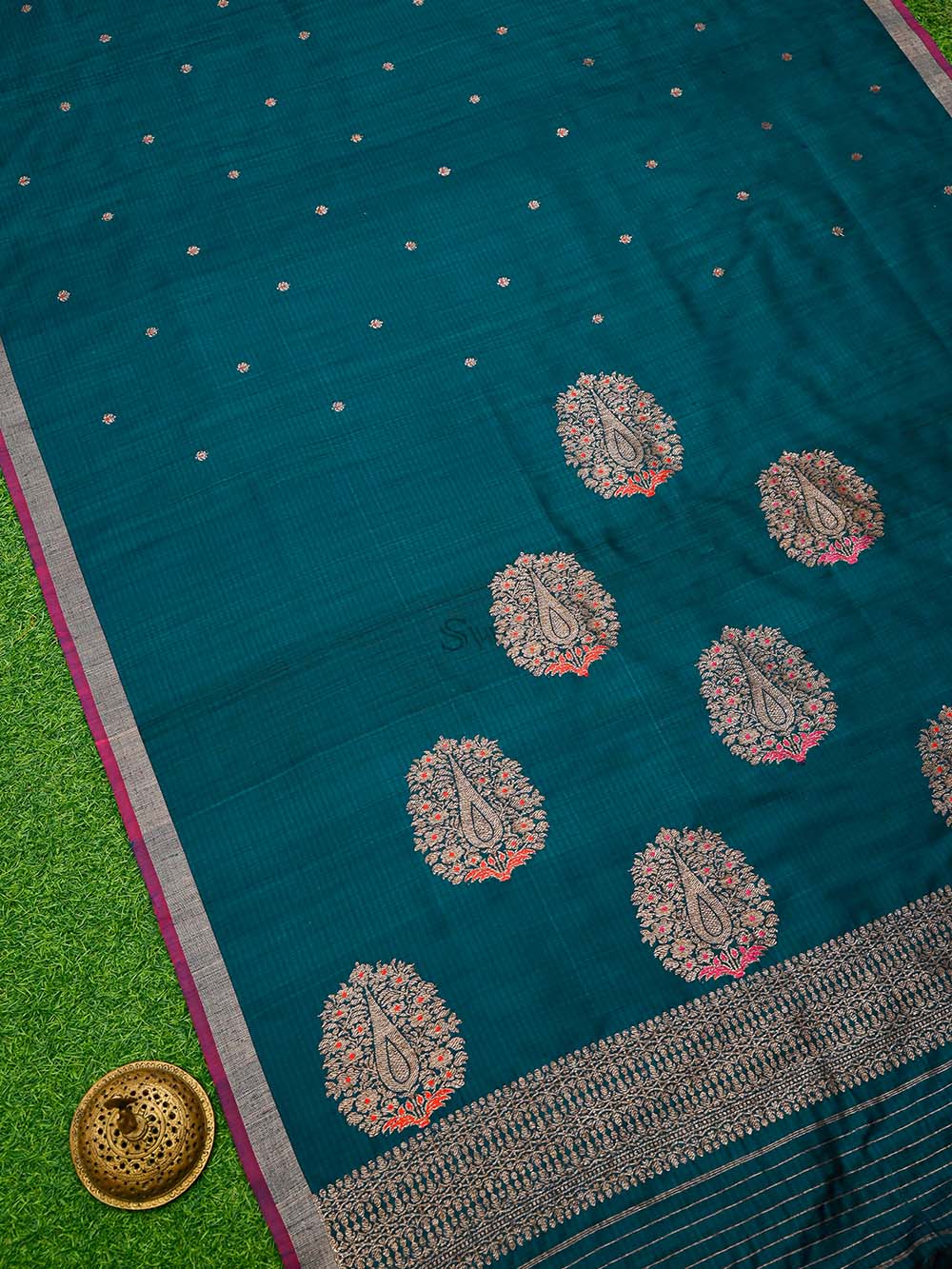 Peacock Blue Booti Dupion Silk Handloom Banarasi Saree - Sacred Weaves