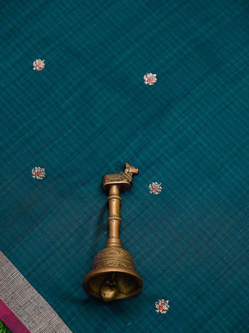 Peacock Blue Booti Dupion Silk Handloom Banarasi Saree - Sacred Weaves