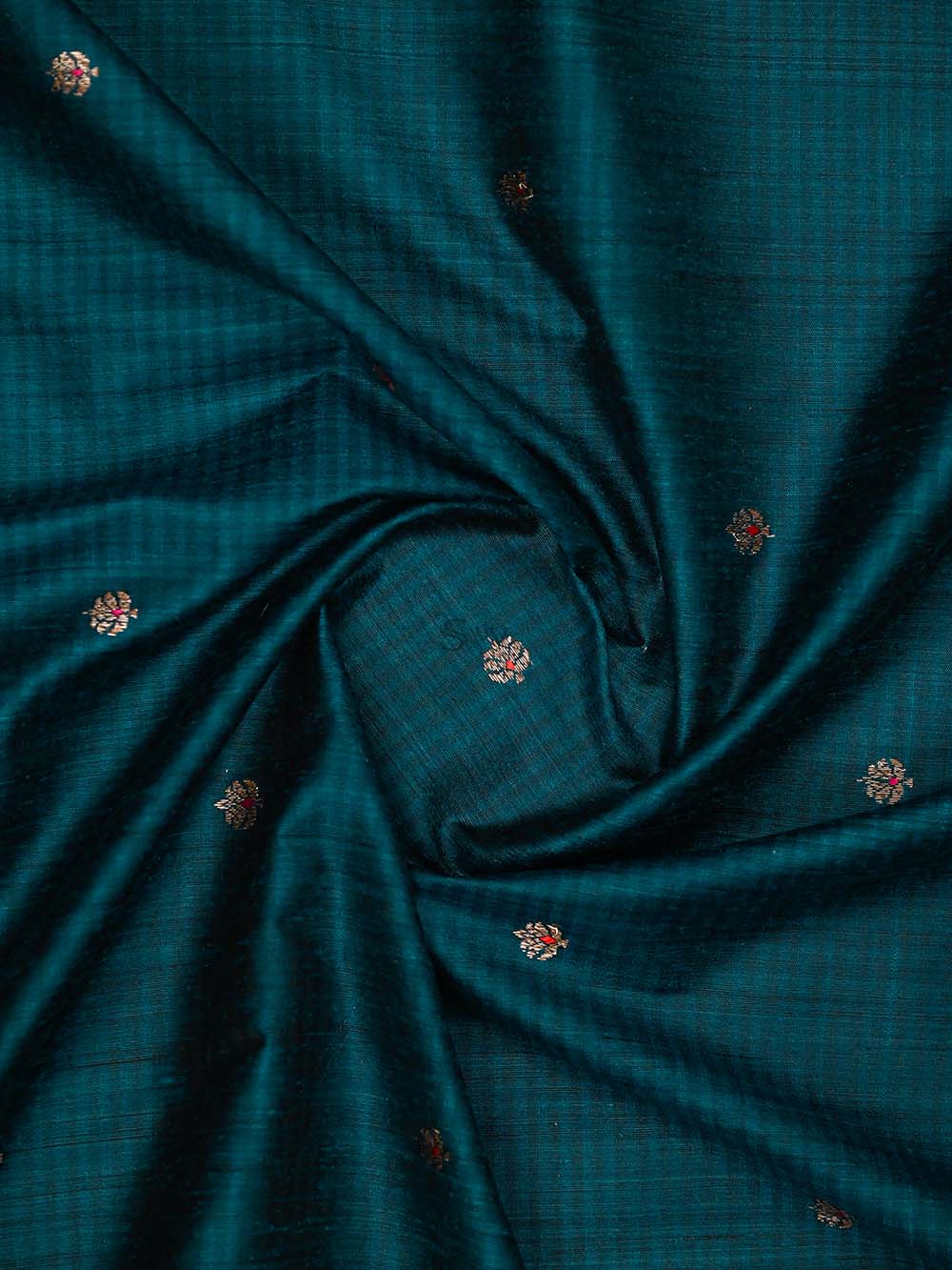 Peacock Blue Booti Dupion Silk Handloom Banarasi Saree - Sacred Weaves