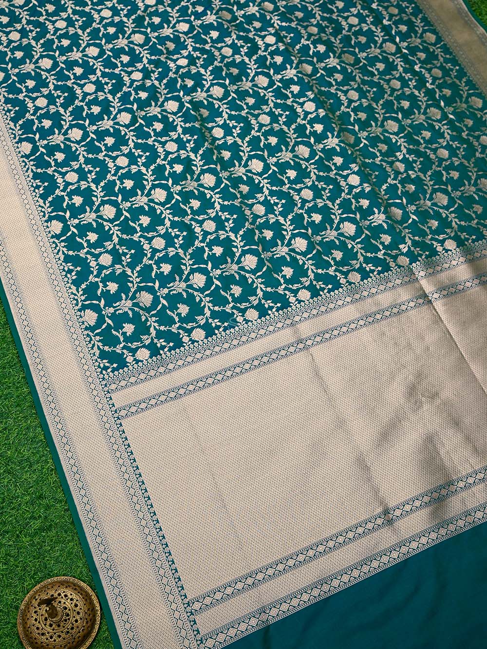 Teal Blue Jaal Uppada Katan Silk Handloom Banarasi Saree - Sacred Weaves