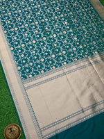 Teal Blue Jaal Uppada Katan Silk Handloom Banarasi Saree - Sacred Weaves