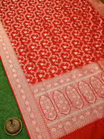 Red Jaal Uppada Katan Silk Handloom Banarasi Saree - Sacred Weaves