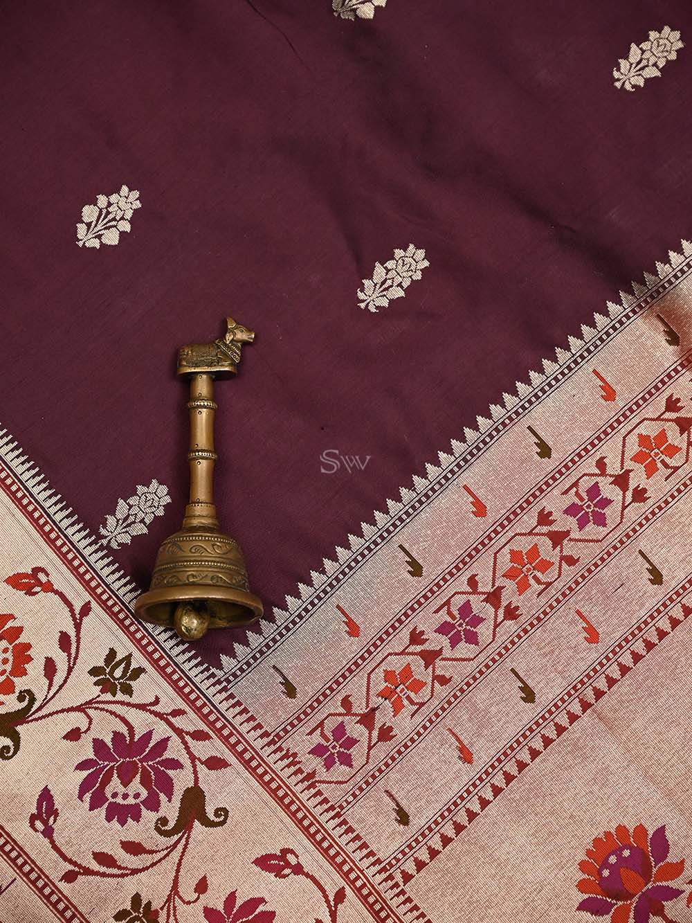 Wine Paithani Katan Silk Handloom Banarasi Saree - Sacred Weaves