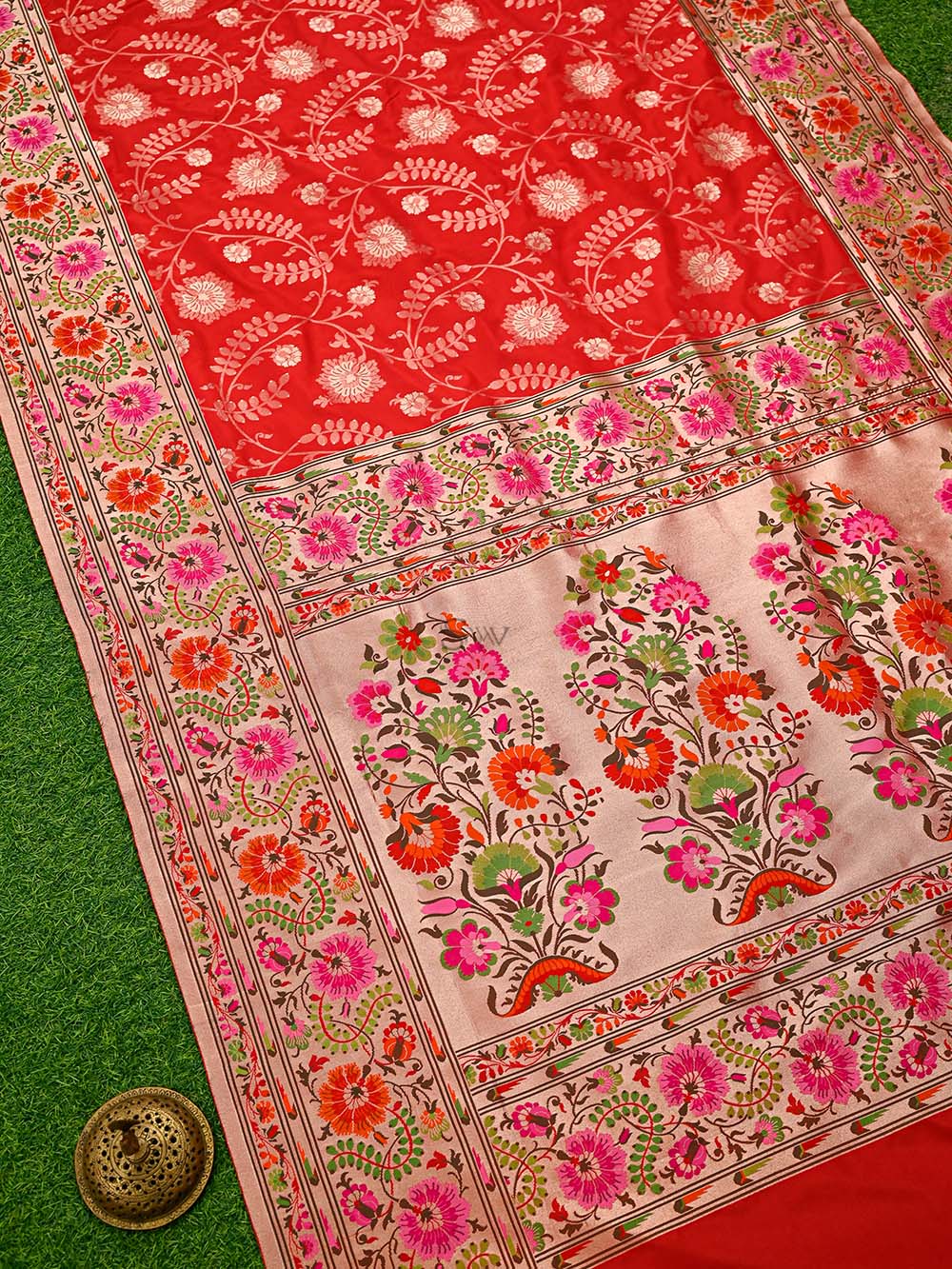 Red Paithani Katan Silk Handloom Banarasi Saree - Sacred Weaves
