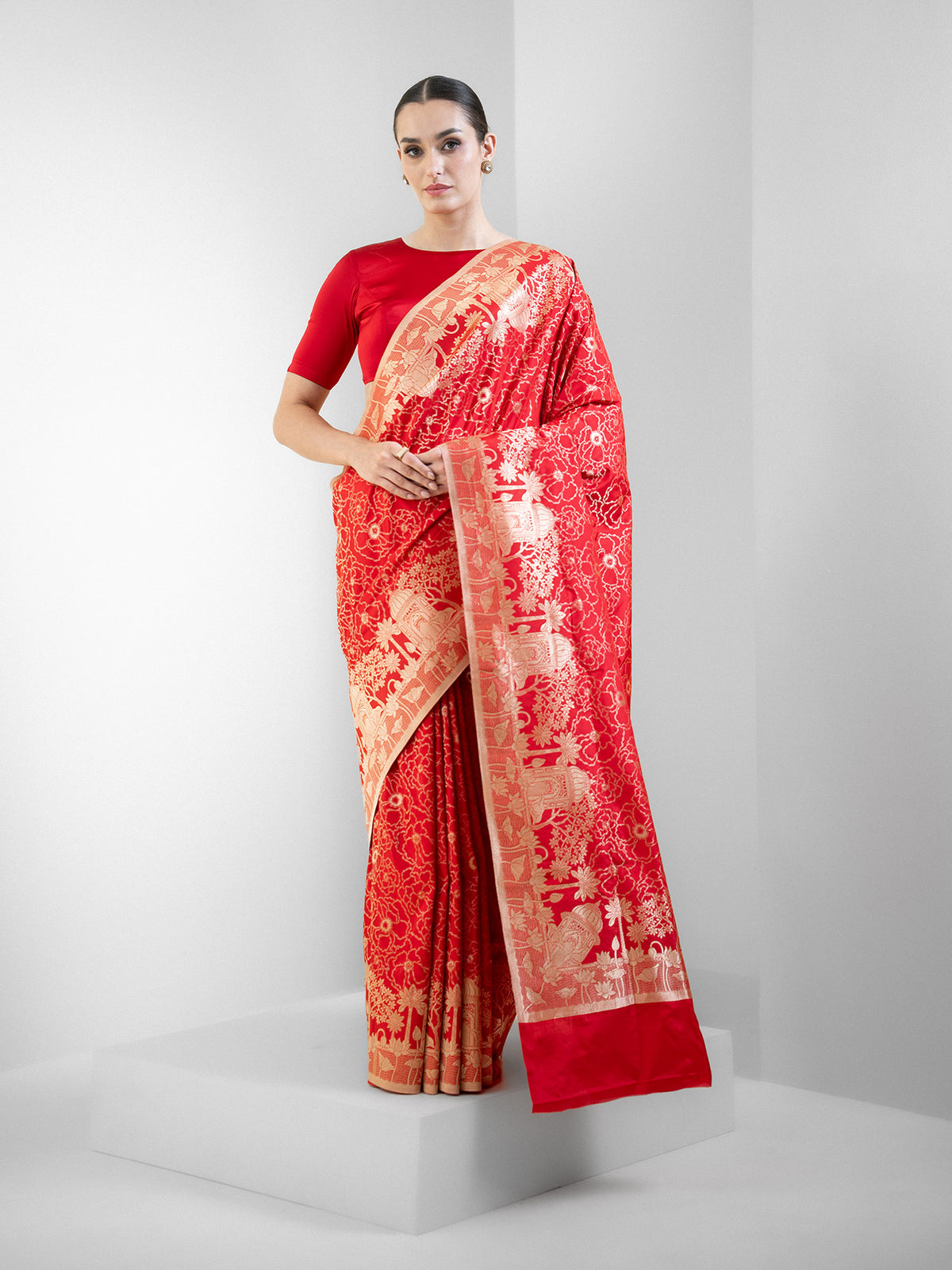 Red Jaal Katan Silk Handloom Banarasi Saree - Sacred Weaves