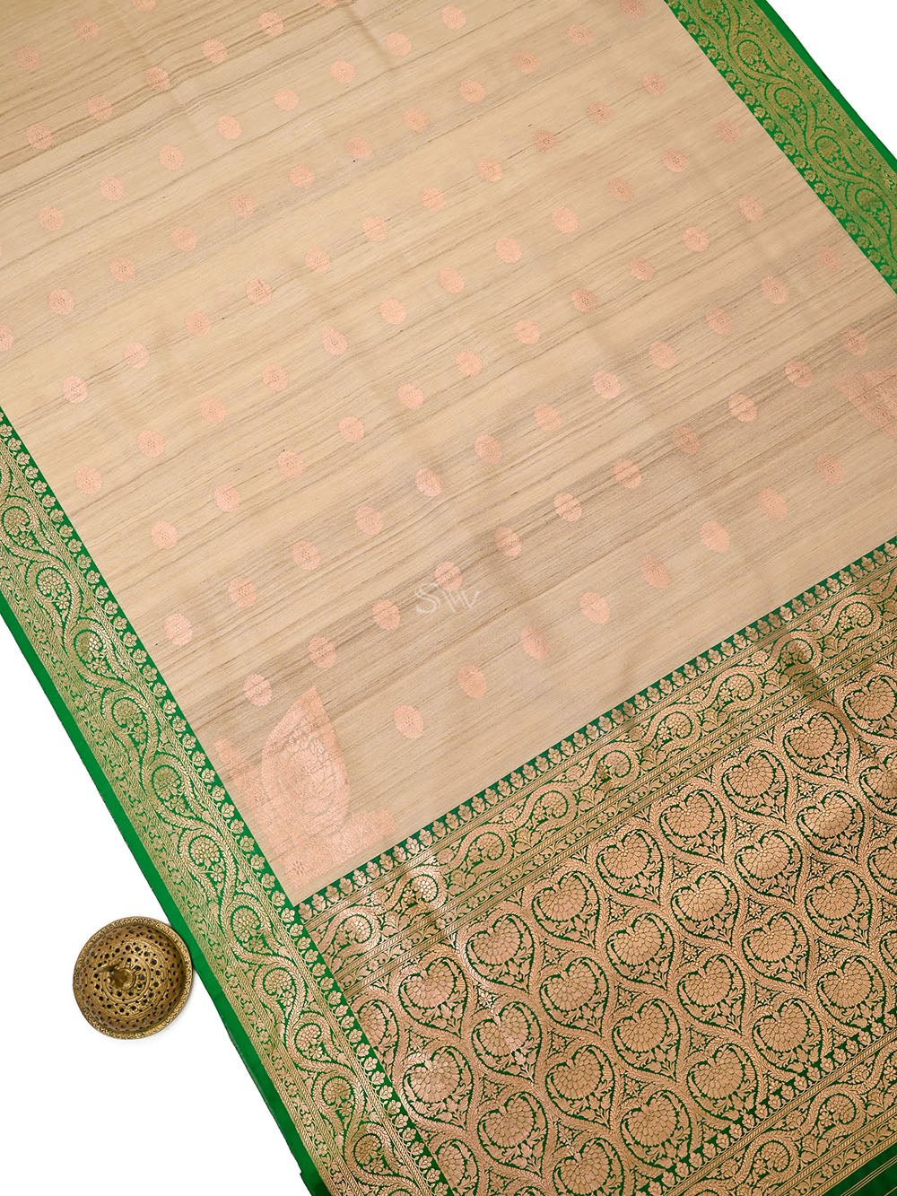 Beige Green Booti Tussar Silk Handloom Banarasi Saree - Sacred Weaves