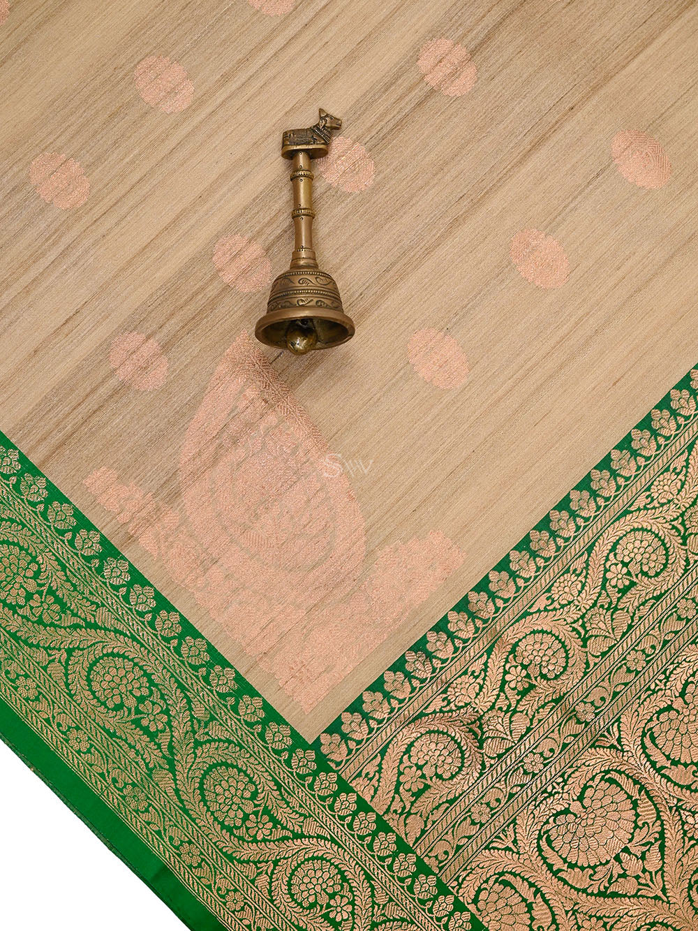 Beige Green Booti Tussar Silk Handloom Banarasi Saree - Sacred Weaves