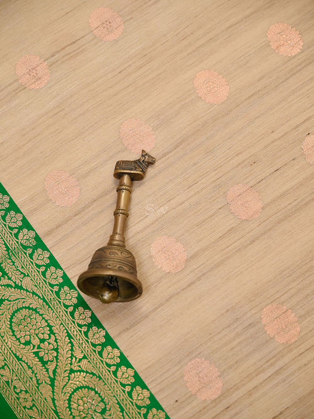 Beige Green Booti Tussar Silk Handloom Banarasi Saree - Sacred Weaves