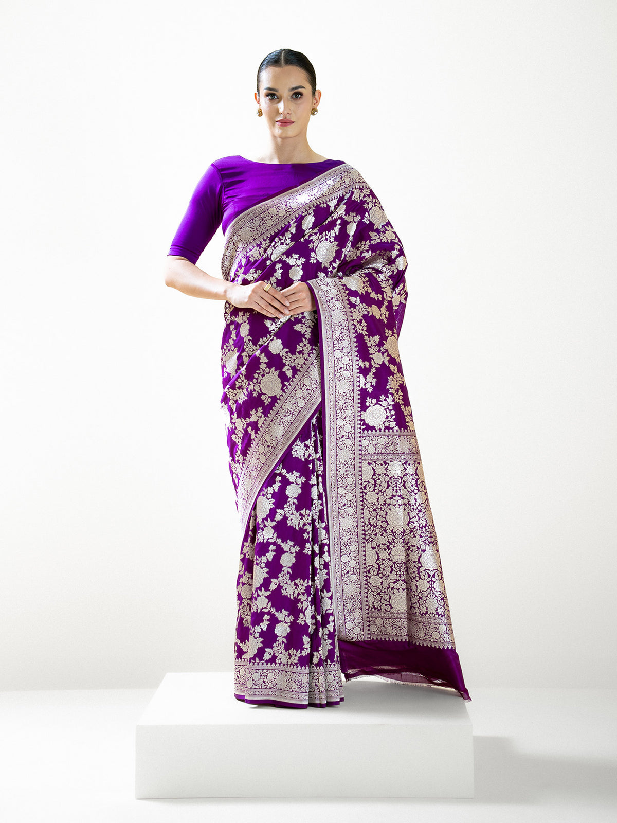 Dark Purple Jaal Katan Silk Handloom Banarasi Saree - Sacred Weaves