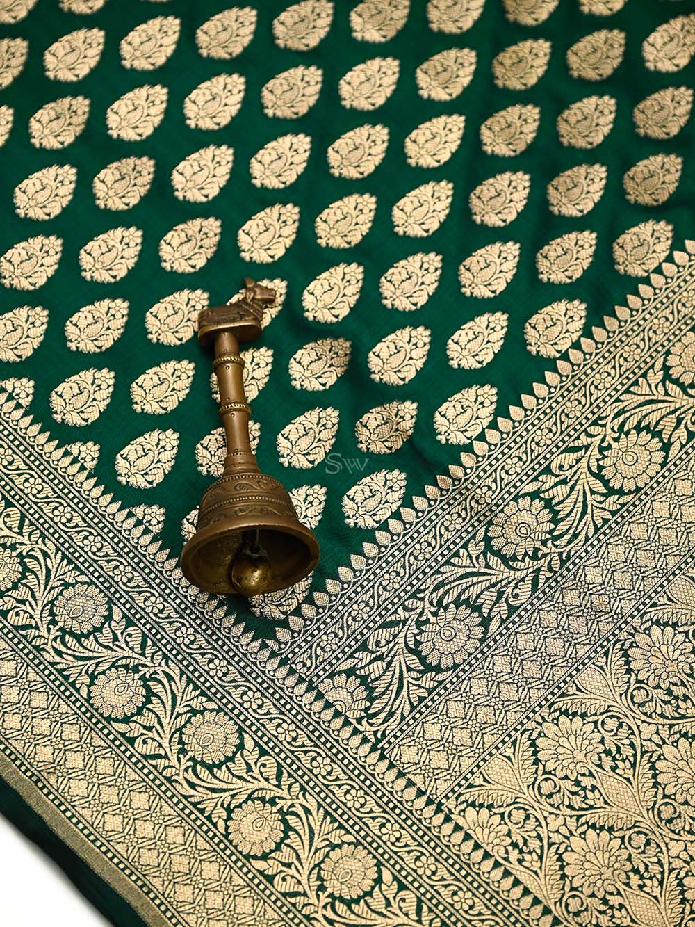 Bottle Green Booti Katan Silk Uppada Handloom Banarasi Saree - Sacred Weaves