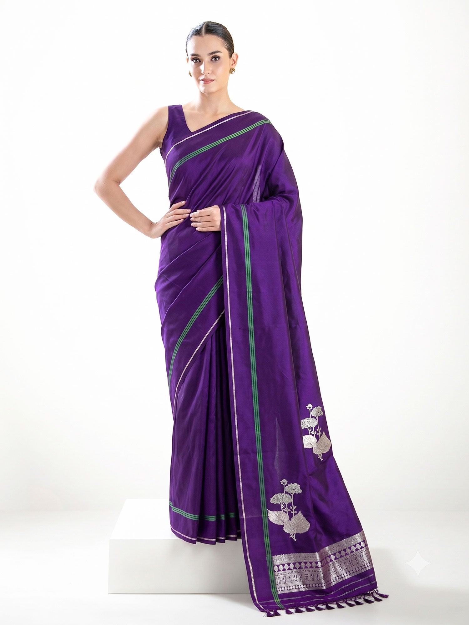 Purple Plain Satin Silk Handloom Banarasi Saree - Sacred Weaves