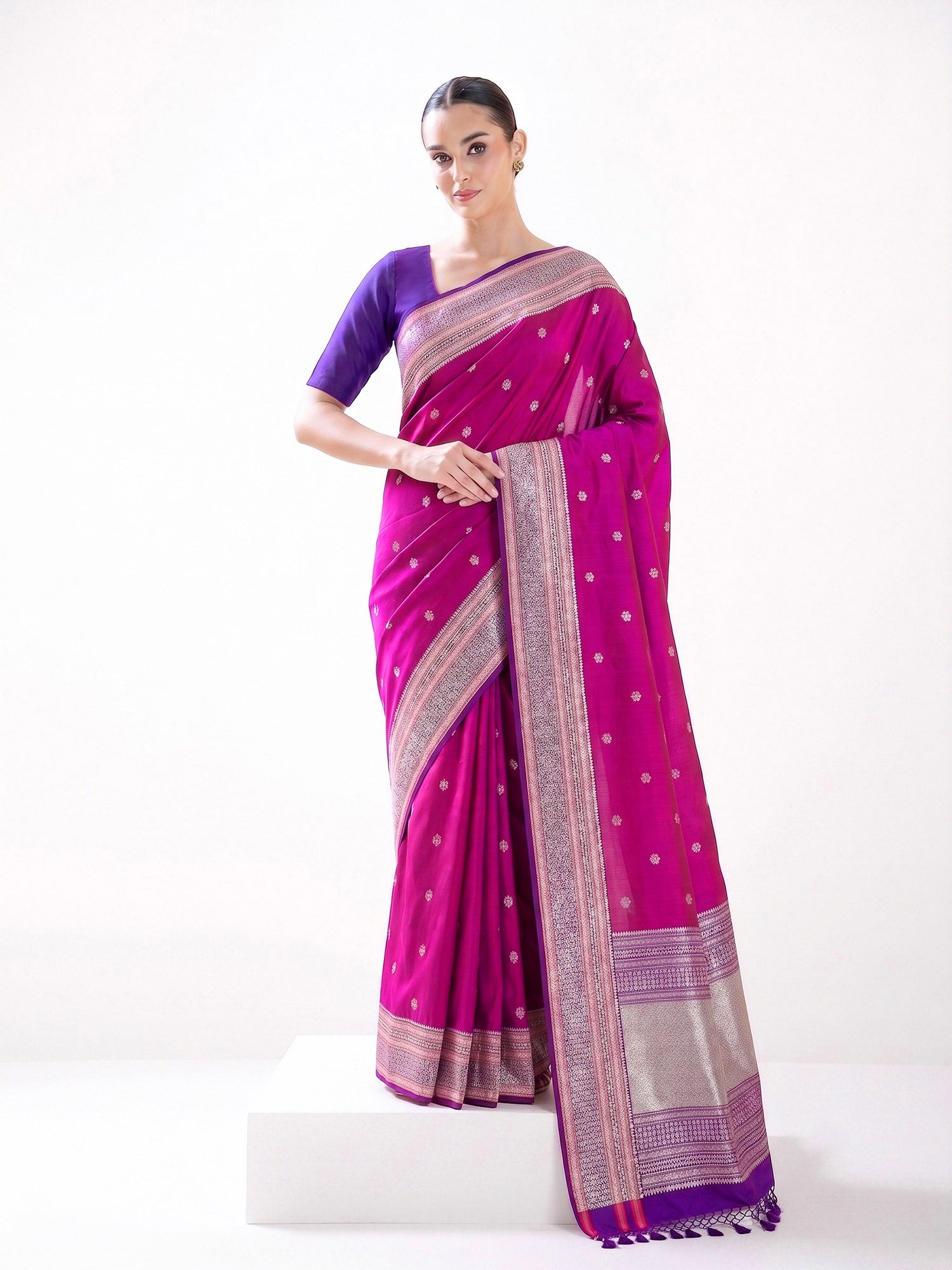 Magenta Booti Tussar Silk Handloom Banarasi Saree - Sacred Weaves