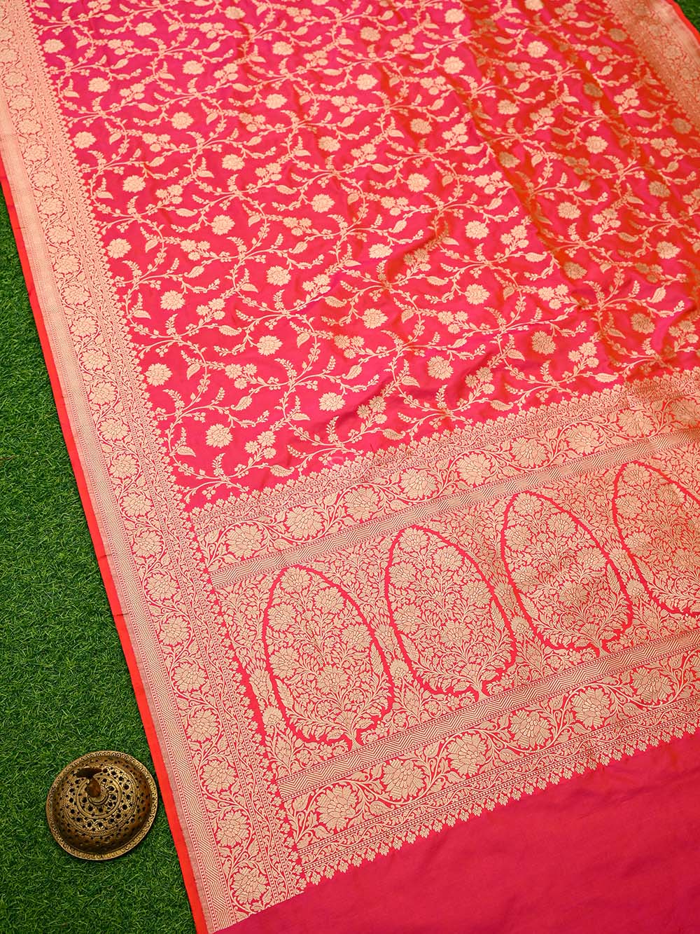 Pink Orange Jaal Uppada Katan Silk Handloom Banarasi Saree - Sacred Weaves