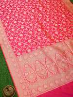 Pink Orange Jaal Uppada Katan Silk Handloom Banarasi Saree - Sacred Weaves