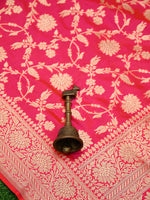 Pink Orange Jaal Uppada Katan Silk Handloom Banarasi Saree - Sacred Weaves