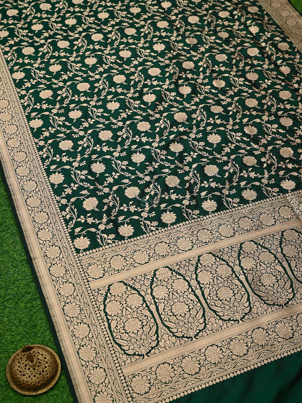 Bottle Green Jaal Uppada Katan Silk Handloom Banarasi Saree - Sacred Weaves