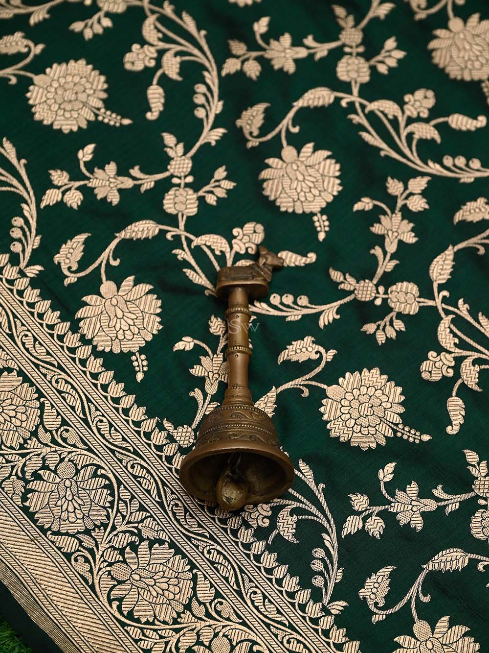Bottle Green Jaal Uppada Katan Silk Handloom Banarasi Saree - Sacred Weaves