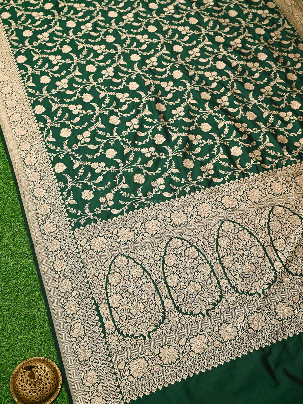 Bottle Green Jaal Uppada Katan Silk Handloom Banarasi Saree - Sacred Weaves