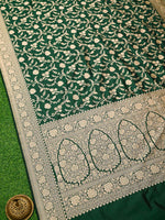Bottle Green Jaal Uppada Katan Silk Handloom Banarasi Saree - Sacred Weaves