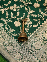Bottle Green Jaal Uppada Katan Silk Handloom Banarasi Saree - Sacred Weaves