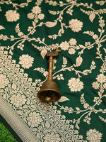 Bottle Green Jaal Uppada Katan Silk Handloom Banarasi Saree - Sacred Weaves
