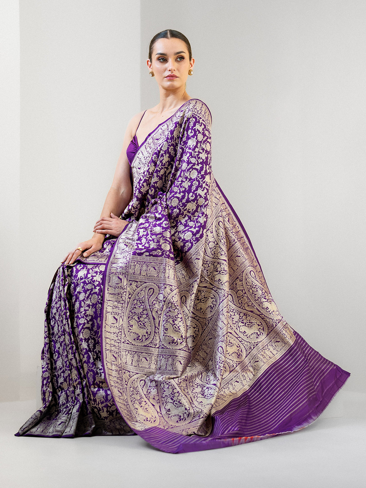 Purple Shikargah Katan Silk Handloom Banarasi Saree - Sacred Weaves
