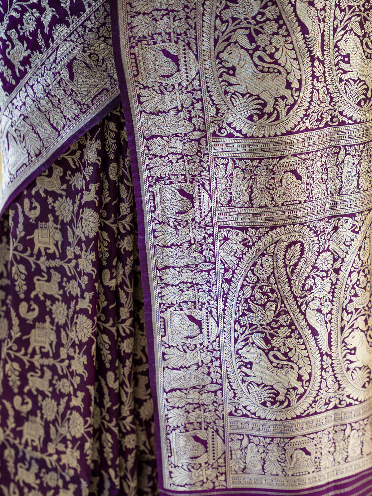 Dark Purple Shikargah Katan Silk Handloom Banarasi Saree